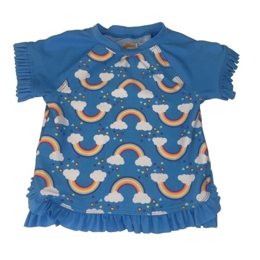 O'Rageous Rash Guard Swim Shirt Kids Size 5 Blue Rainbow Ruffle Sleeve Trim SS